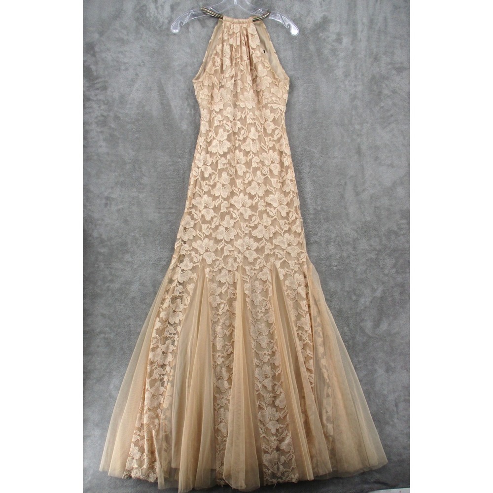 Xscape Dress Womens 4 Sheer Floral  Lace Trumpet Gown Feminine Wedding Lined Tan